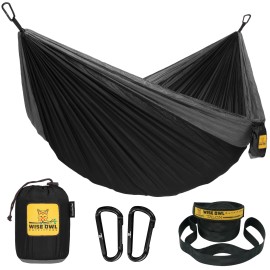 Wise Owl Outfitters Hammock For Camping Double Hammocks Gear For The Outdoors Backpacking Survival Or Travel - Portable Lightweight Parachute Nylon Do Black & Grey