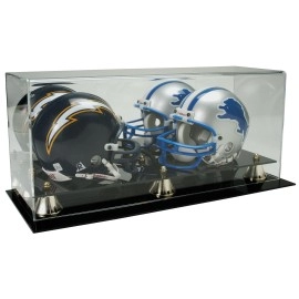 Deluxe Acrylic Double Mini Helmet Display Case W Mirror Back & Gold Risers