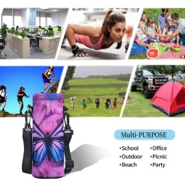 AUPET Water Bottle Carrier,Purple Butterfly 500ML Water Sport Bottle Cover Pouch Insulated Soft Sleeve Holder Case +Shoulder Strap