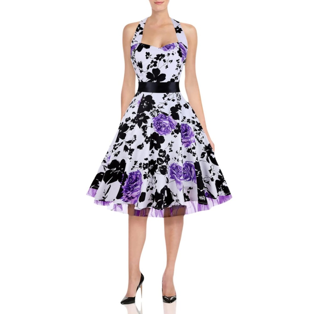 Oten Womens Vintage Halter Floral Polka Dot 1950S Retro Rockabilly Swing Cocktail Tea Dresses, Small, Purple Floral