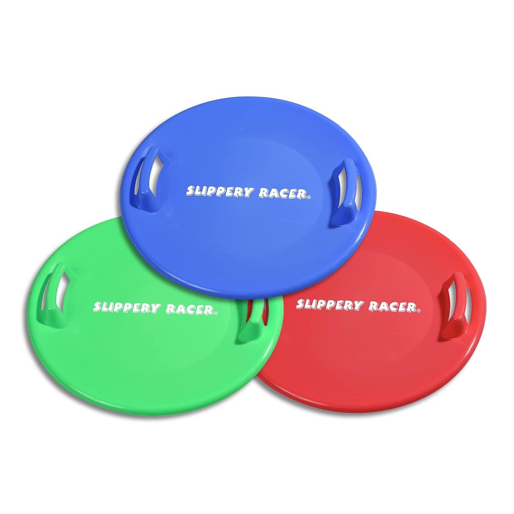 Slippery Racer Heavy-Duty Cold Weather Downhill Pro Adults And Kids Plastic Outdoor Winter Saucer Disc Snow Sleds With Handles, Green, Blue, And Red