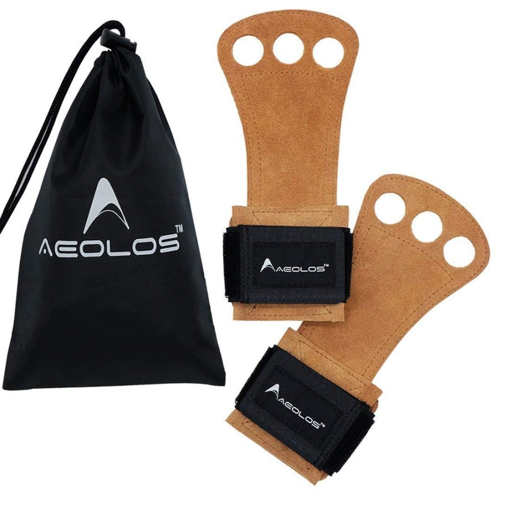 Aeolos Leather Gymnastics Hand Grips-Great For Gymnastics,Pull Up,Weight Lifting,Kettlebells And Cross Training (Brown(2 Layers Leather), Large)