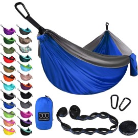 Gold Armour Camping Hammock - Xl Double Hammock Portable Hammock Camping Accessories Gear For Outdoor Indoor With Tree Straps, Usa Based Brand (Blue And Gray)