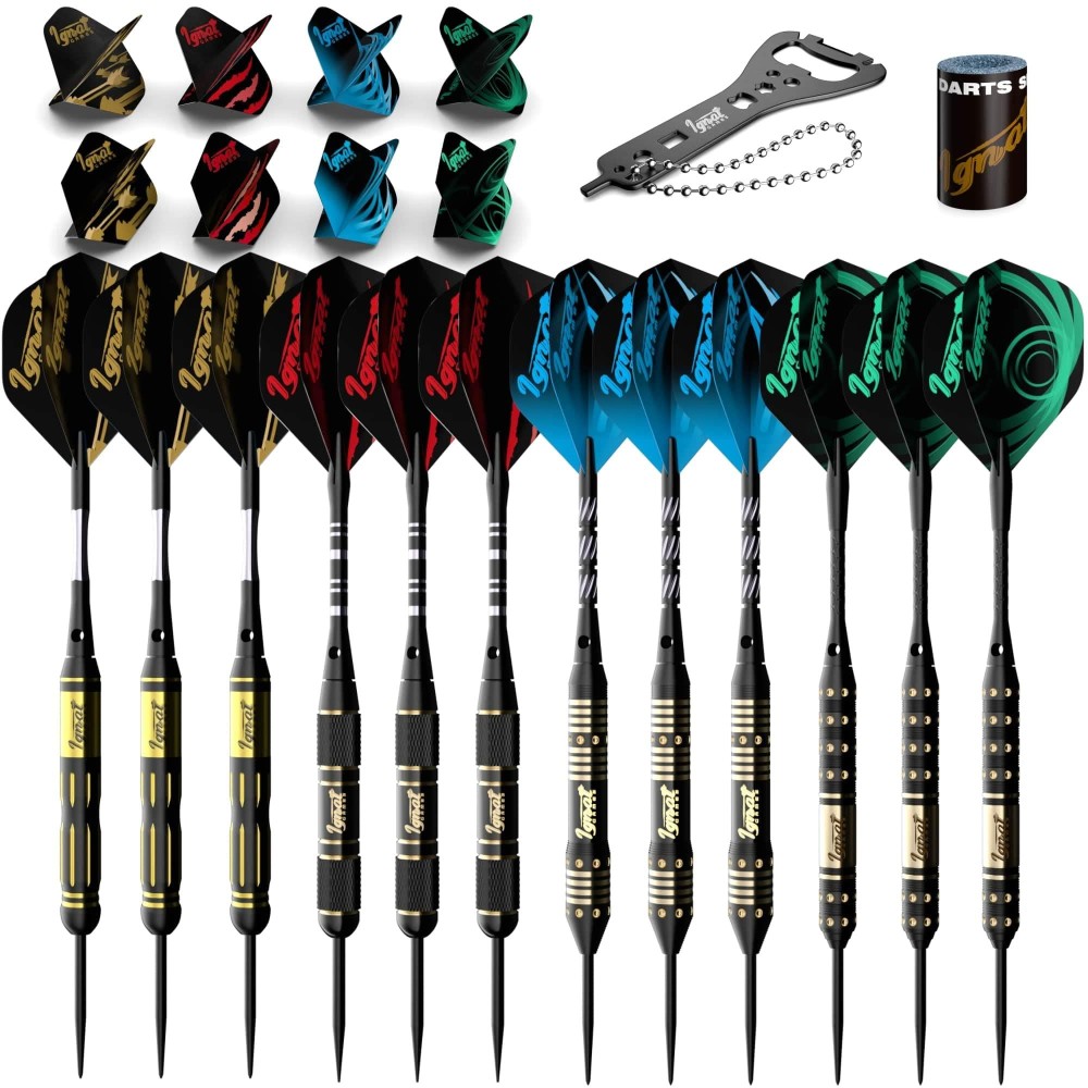 Ignatgames Darts Metal Tip Set - Professional Darts With Stylish Case And Darts Guide, Steel Tip Darts Set With Aluminum Shafts + Rubber Orings + Extra Flights + Dart Sharpener And Wrench