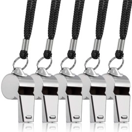 Finegood 5 Packs Stainless Steel Whistle, Loud Metal Whistle With Lanyard For Referees Coaches Lifeguards Survival Emergency Football Basketball Soccer Hockey - Silver