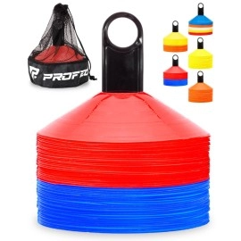 Pro Disc Cones (Set Of 50) - Agility Soccer Cones With Carry Bag And Holder For Sports Training, Football, Basketball, Coaching, Practice Equipment, Kids - Includes 15 Best Drills Book (Blue And Red)