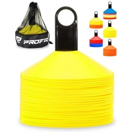 Pro Disc Cones (Set Of 50) - Agility Soccer Cones With Carry Bag And Holder For Sports Training, Football, Basketball, Coaching, Practice Equipment, Kids - Includes 15 Best Drills Book (Bright Yellow)