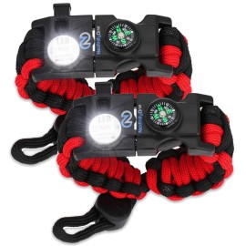 Nexfinity One Survival Paracord Bracelet - Tactical Emergency Gear Kit With Sos Led Light, 550 Grade, Adjustable, Multitools, Fire Starter, Compass, And Whistle - Set Of 2 (Red)