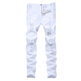 Mens White Skinny Slim Fit Ripped Distressed Destroyed Stretch Jeans Pants,White,34W