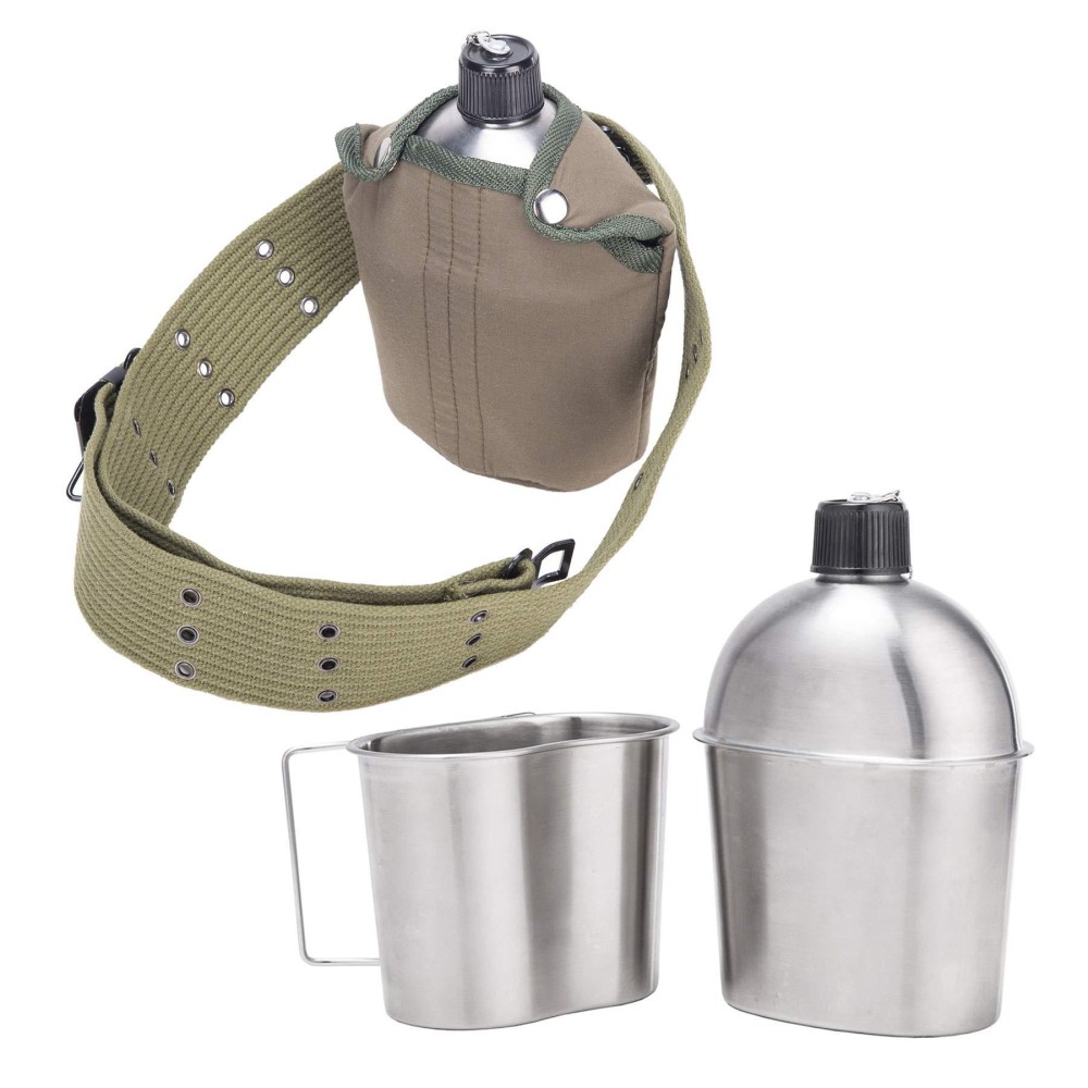 Dartmoor G.I. Army Stainless Steel Canteen Military With Cup And Green Nylon Cover Waist Belt For Camping Hiking Climbing (Cup With Foldable Butterfly Handle)