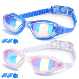 Cooloo Swim Goggles Men, 2 Pack Swimming Goggles For Women Kids Adult Anti-Fog, Blue & White