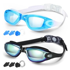 Cooloo Swim Goggles Men, 2 Pack Swimming Goggles For Women Kids Adult Anti-Fog, Black & Lake Blue