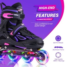 2PM SPORTS Vinal Girls Adjustable Inline Skates with Light up Wheels Beginner Skates Fun Illuminating Roller Skates for Kids Boys and Ladies