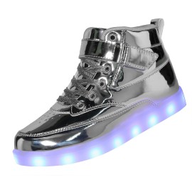 Voovix Kids Led Light Up High-Top Shoes Rechargeable Hi-Shine Glowing Sneakers For Boys And Girls Child Unisex(Silver,Us3Cn35)