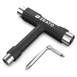 Zeato All-in-One Skate Tools Multi-Function Portable Skateboard T Tool Accessory with T-Type Allen Key and L-Type Phillips Head Wrench Screwdriver - Black