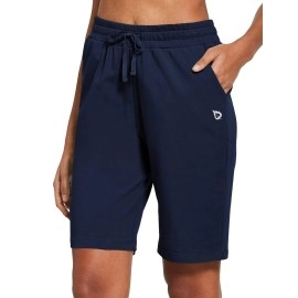 Baleaf Womens 10 Bermuda Shorts Long Cotton Casual Summer Knee Length Pull On Lounge Walking Exercise Shorts With Pockets Navy Blue Size Xl