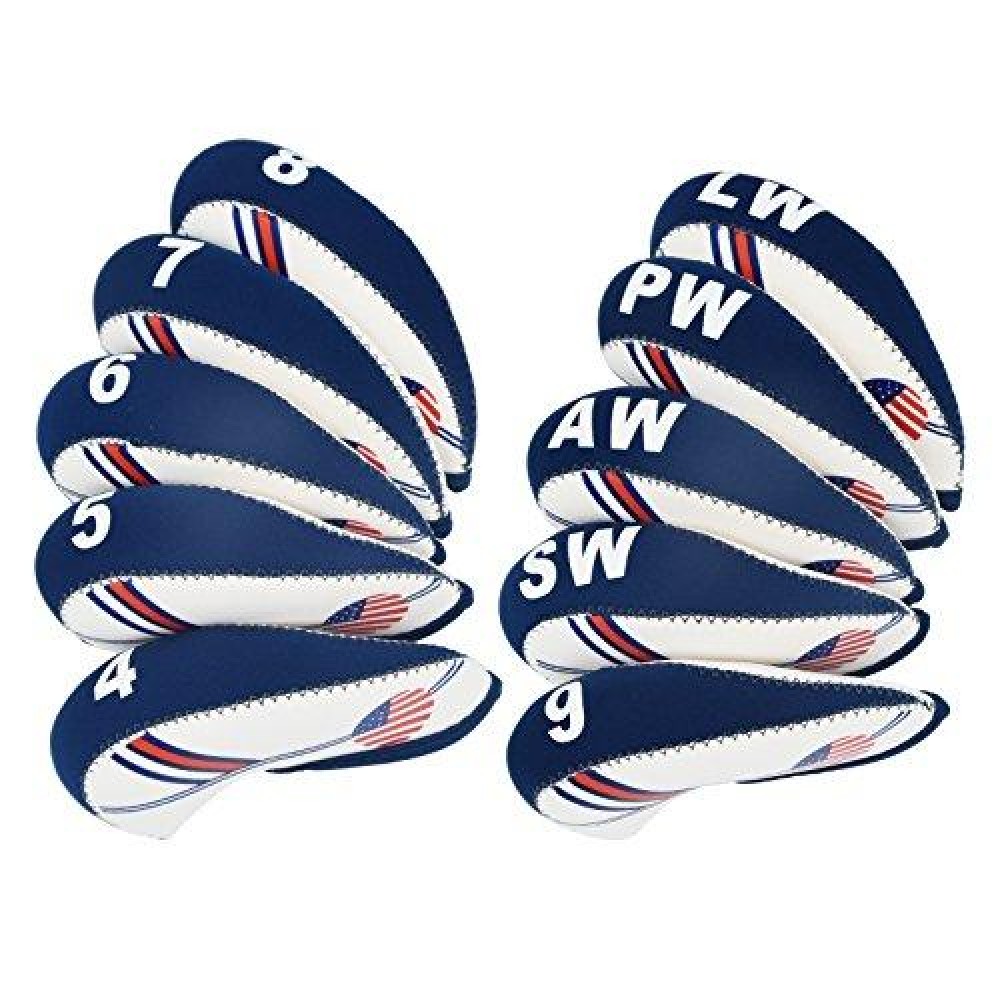 Golf Irons Club Head Covers Wedge Iron Protective Head Cover With Golf White & Blue Us Flag Neoprene (Blue,White, 10 Pcs)