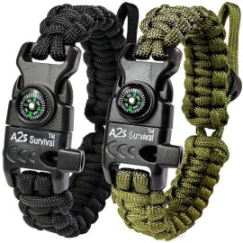 Paracord Bracelet K2-Peak - Survival Bracelets With Embedded Compass Whistle Edc Hiking Gear- Camping Gear Survival Gear Emergency Kit (Black Green Adjustable Size)