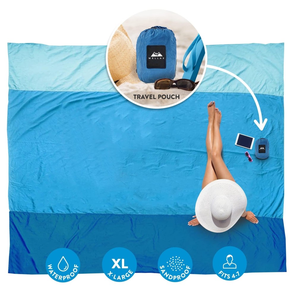 WELLAX Beach Blanket Waterproof Sandproof, Lightweight Beach Mat for 8 Persons 9x10 ft, Sand Repellent, Quick Drying, & Durable with 8 Pockets, 4 Stakes, Great for Picnic, Camping, Travel and Outdoor