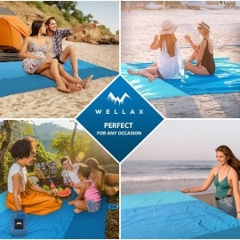 WELLAX Beach Blanket Waterproof Sandproof, Lightweight Beach Mat for 8 Persons 9x10 ft, Sand Repellent, Quick Drying, & Durable with 8 Pockets, 4 Stakes, Great for Picnic, Camping, Travel and Outdoor