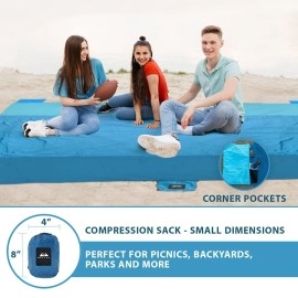 WELLAX Beach Blanket Waterproof Sandproof, Lightweight Beach Mat for 8 Persons 9x10 ft, Sand Repellent, Quick Drying, & Durable with 8 Pockets, 4 Stakes, Great for Picnic, Camping, Travel and Outdoor