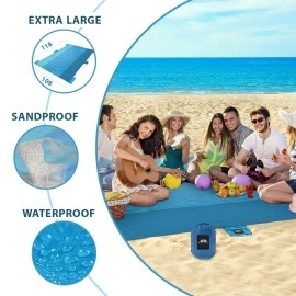 WELLAX Beach Blanket Waterproof Sandproof, Lightweight Beach Mat for 8 Persons 9x10 ft, Sand Repellent, Quick Drying, & Durable with 8 Pockets, 4 Stakes, Great for Picnic, Camping, Travel and Outdoor