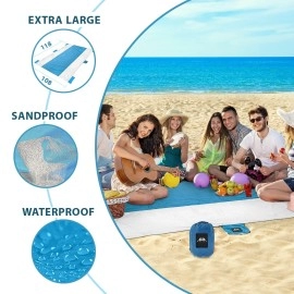 Wellax Beach Blanket Waterproof Sandproof for 4 - 7 Adults, Oversized Lightweight Corner Pockets Picnic Mat 9' x 10', Outdoor Blanket with 4 Metal Stakes for Travel, Camping, Hiking and Festivals