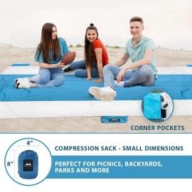 Wellax Beach Blanket Waterproof Sandproof for 4 - 7 Adults, Oversized Lightweight Corner Pockets Picnic Mat 9' x 10', Outdoor Blanket with 4 Metal Stakes for Travel, Camping, Hiking and Festivals