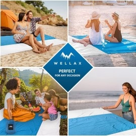 Wellax Beach Blanket Waterproof Sandproof for 4 - 7 Adults, Oversized Lightweight Corner Pockets Picnic Mat 9' x 10', Outdoor Blanket with 4 Metal Stakes for Travel, Camping, Hiking and Festivals