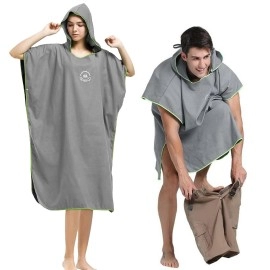 Hiturbo Microfiber Surf Poncho, Wetsuit Changing Bath Robe, Quick Dry Pool Swim Beach Towel With Hood (Gray)
