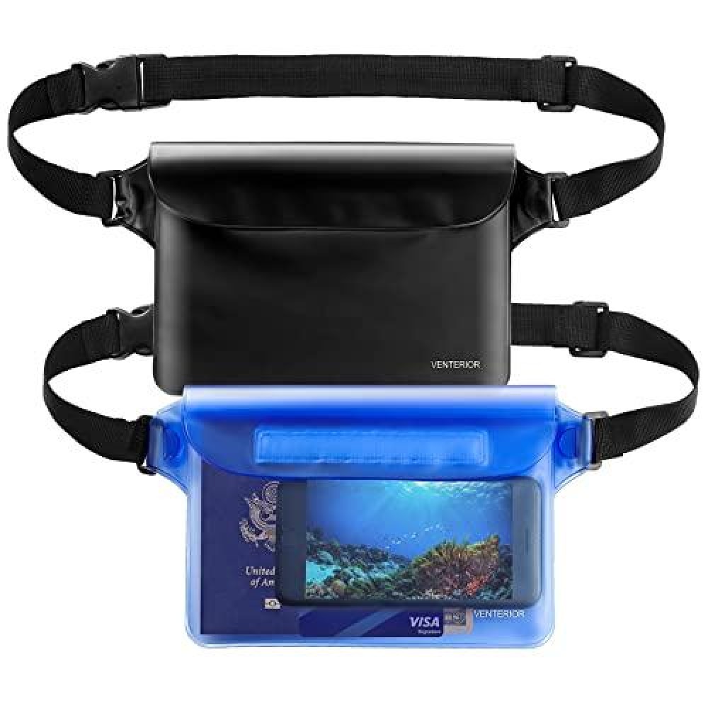 Waterproof Waist Pouch 2-Pack Beach Accessories Waterproof Fanny Pack Dry Bag For Swimming Snorkeling Sailing Kayaking Pool Water Parks Keep Your Phone Wallet Safe And Dry (Blue & Black)