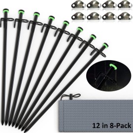 AITUSHA Tent Stakes Heavy Duty 12-Inch Forged Steel Unbent Tent Pegs - Ideal Camping Stakes for Rocky/Hard Places (Fluorescent Rubber Circle and Rope Tensioner Included) (12in 8-Pack)