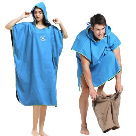 Hiturbo Microfiber Surf Poncho, Wetsuit Changing Bath Robe, Quick Dry Pool Swim Beach Towel With Hood (Blue)