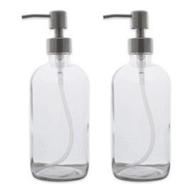 E-Living Set of 2 Clear Glass Stainless Steel Pump Top Bottles for 16oz of Liquids, Lotions, Soaps, Cleaners, Aromatherapy and More
