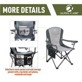 ALPHA CAMP Folding Camping Chair Heavy Duty Support 350 LBS Oversized Steel Frame Collapsible Padded Arm Chair with Cup Holder Quad Lumbar Back Chair Portable for Outdoor, Black/Gray