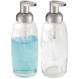 Mdesign Refillable Glass Foaming Hand Soap Dispenser - Foam Soap Pump Bottle Container For Bathroom Counter Top - Decorative Foam Soap Dispenser - Malloy Collection - 2 Pack - Clearbrushed