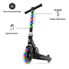 Jetson Scooters - Jupiter Kick Scooter (Black) - Collapsible Portable Kids Push Scooter - Lightweight Folding Design with High Visibility RGB Light Up LEDs on Stem, Wheels, and Deck