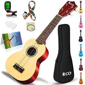 Ieco Soprano Ukulele Beginner Kit For Kids Adults 21 Inch Ukelele Wcase Strap Tuner Strings Picks (Natural)