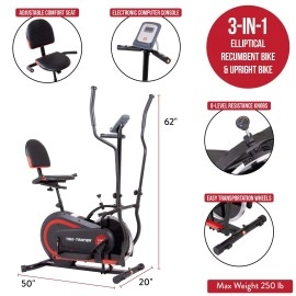 [BODY POWER] - 2nd Gen, PATENTED 3 in 1 Exercise Machine, Elliptical with Seat Back Cushion, Upright Cycling, and Reclined Bike Modes - Digital Computer Targets Different Body Parts, BRT5118