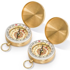 Tebery 2 Pack Classic Pocket Style Copper Clamshell Compass, Glow in The Dark Military Compass Survival Gear Compass, Waterproof Luminous Kids Compass for Hiking Camping Hunting Climbing (Brass)
