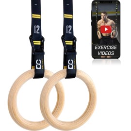 Double Circle Wood Gymnastic Rings 1.25 Inch, with Quick Adjust Numbered Straps and Exercise Videos Guide for Full Body Workout, Crossfit, and Home Gym