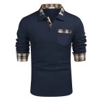 Coofandy Mens Classic Fit Casual Long Sleeve Plaid Collar Polo Shirt, A-Long Sleeve Blue, Large