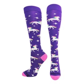 MadSportsStuff Neon Rainbow Unicorn Over the Calf Socks (Purple/Neon Pink, Medium)
