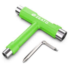 Zeato All-In-One Skate Tools Multi-Function Portable Skateboard T Tool Accessory With T-Type Allen Key And L-Type Phillips Head Wrench Screwdriver - Green