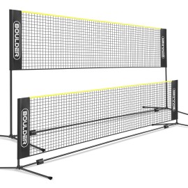Boulder Badminton Pickleball Net - Height Adjustable Portable Net for Junior Tennis, Kids Volleyball & Soccer, and Backyard Games - Easy Setup Nylon Sports Net with Poles (Black/Yellow, 14ft Wide)