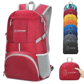 Zomake Lightweight Packable Backpack 35L - Light Foldable Backpacks Water Resistant Collapsible Hiking Backpack - Compact Folding Day Pack For Travel Camping(Red)
