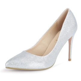 Idifu Womens In4 Classic Pointed Toe High Heels Pumps Wedding Dress Office Shoes (Silver Glitter, 55 B(M) Us)