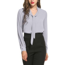 Acevog Business Shirt Womens Pussycat Bow Tie Neck Long Sleeve Chiffon Light Grey Blouse,X-Large