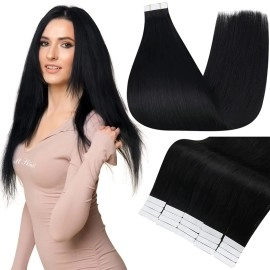 Full Shine Tape In Hair Extensions 20 Pcs Natural Color 1 Jet Black Invisible Hair Extensions Straight 50 Grams Tape In Brazilian Human Hair 22 Inch Remy Extensions Human Hair