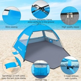 Gorich Beach Tent, Beach Shade Tent for 3 Person with UPF 50+ UV Protection, Portable Beach Tent Sun Shelter Canopy, Lightweight & Easy Setup Cabana Beach Tent, Blue